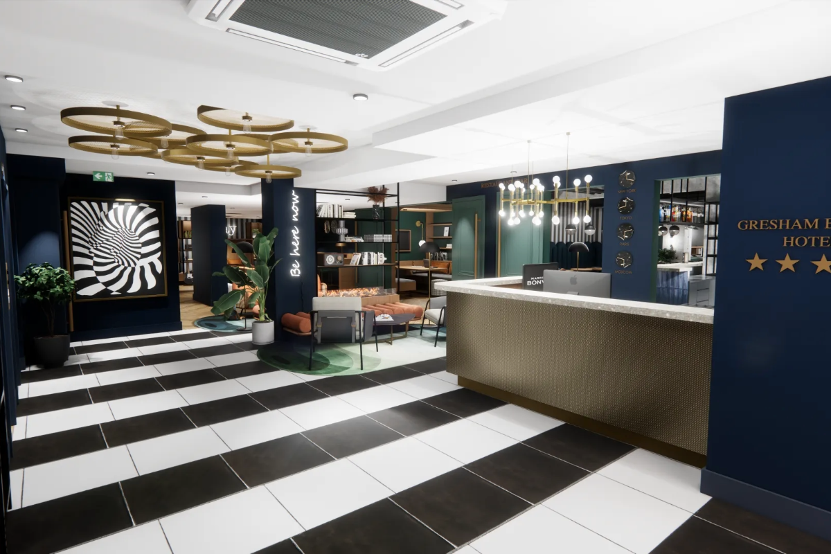 eine Lobby mit einem schwarz-weiß karierten Boden